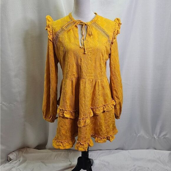 Tularosa Golden Yellow Lisa Blouson Embroidered Ruffle Mini Dress Size Large - Picture 3 of 16